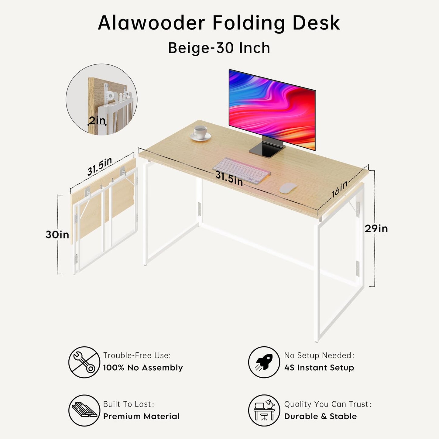 alawooder Escritorio plegable – Escritorio plegable con parte superior de madera de 31.5 pulgadas para espacios pequeños, no requiere montaje, escritorio compacto para oficina en casa, escritura y