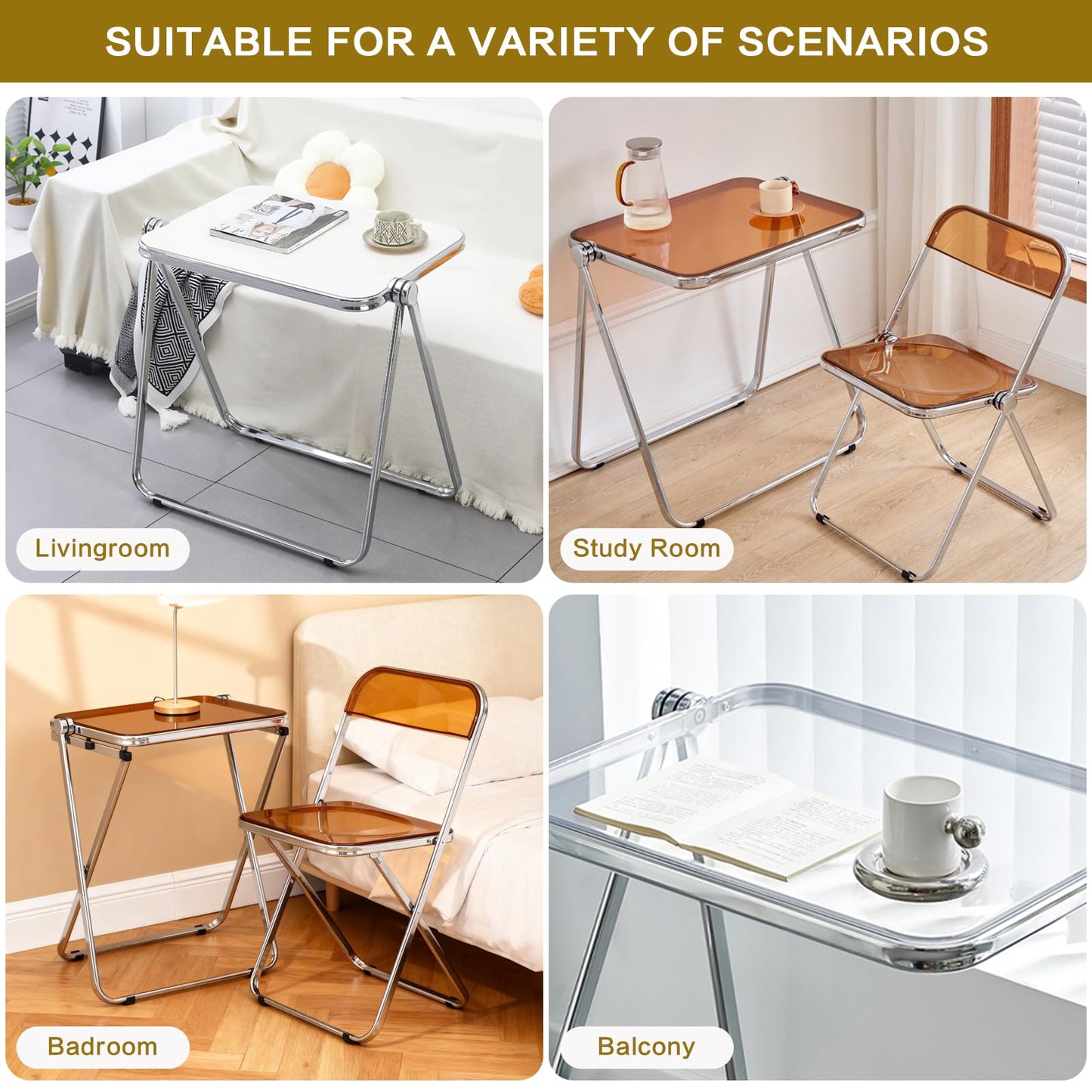 Mesa plegable para TV, acrílico transparente, no requiere montaje, escritorio pequeño para oficina en casa, mesa auxiliar, escritorio pequeño para computadora para espacios pequeños, color marrón