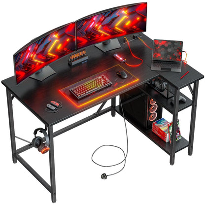DOMSHOCT Escritorio para juegos en forma de L de 120 x 70 cm con tomas de corriente, pequeña mesa esquinera para computadora con grandes estantes de almacenamiento reversibles, estación de trabajo