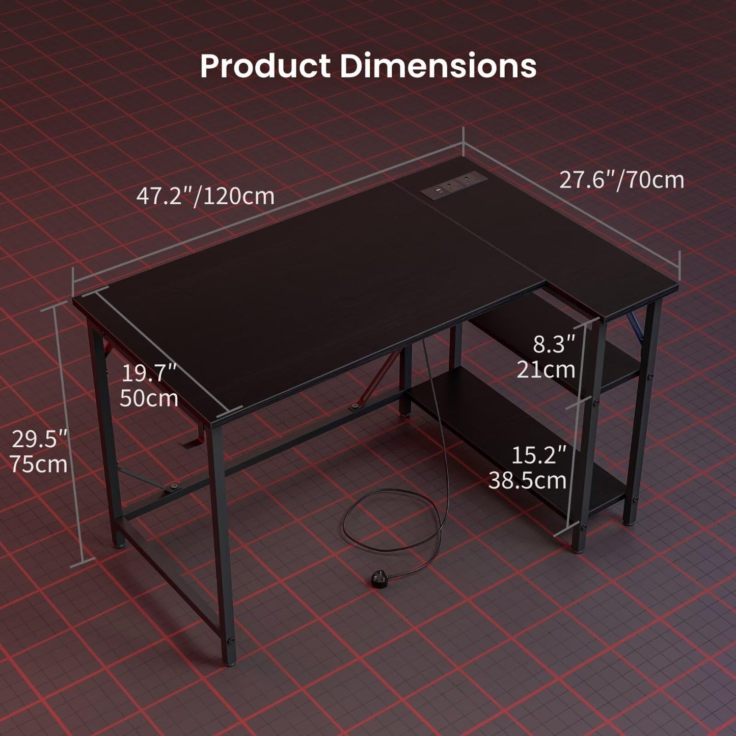 DOMSHOCT Escritorio para juegos en forma de L de 120 x 70 cm con tomas de corriente, pequeña mesa esquinera para computadora con grandes estantes de almacenamiento reversibles, estación de trabajo