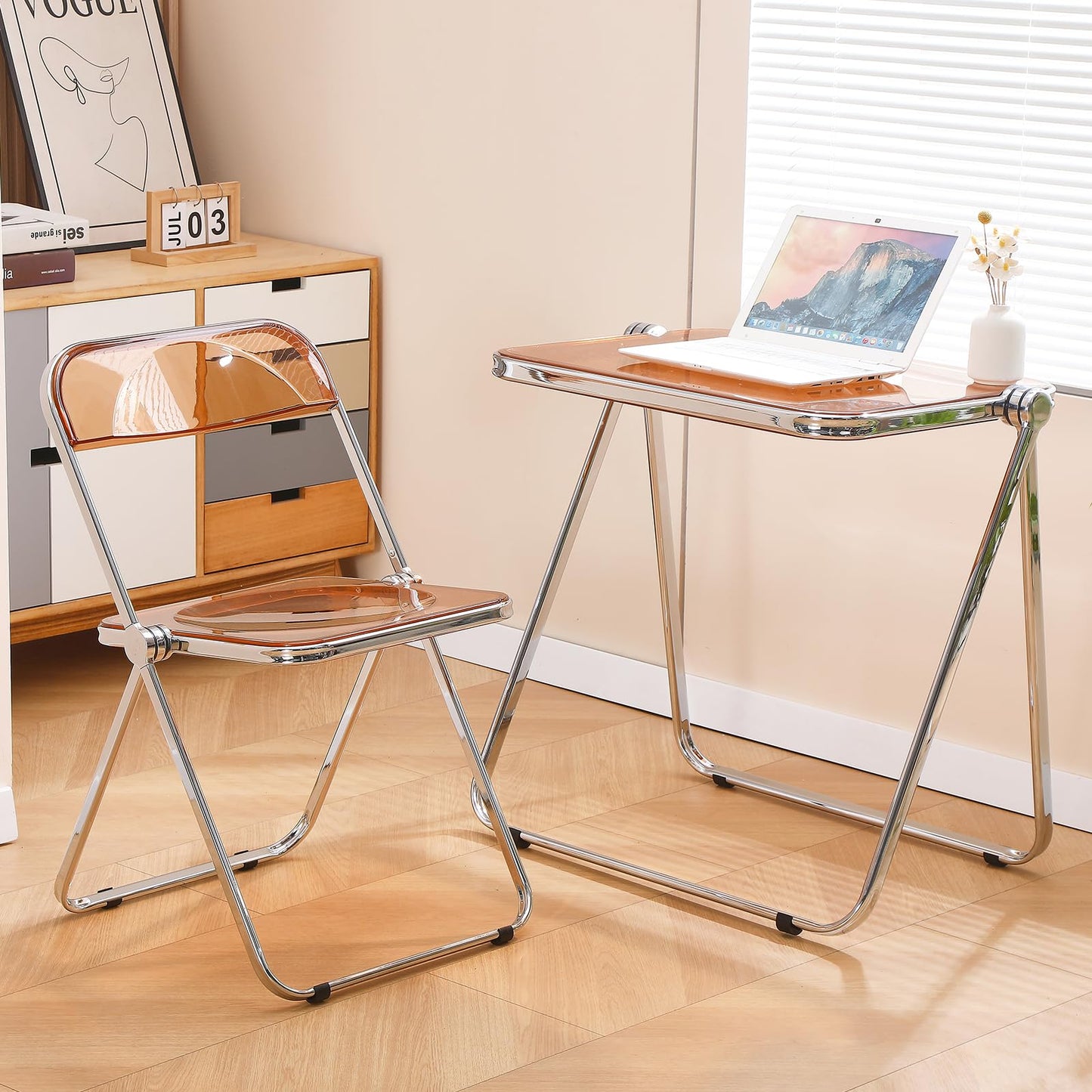 Mesa plegable para TV, acrílico transparente, no requiere montaje, escritorio pequeño para oficina en casa, mesa auxiliar, escritorio pequeño para computadora para espacios pequeños, color marrón